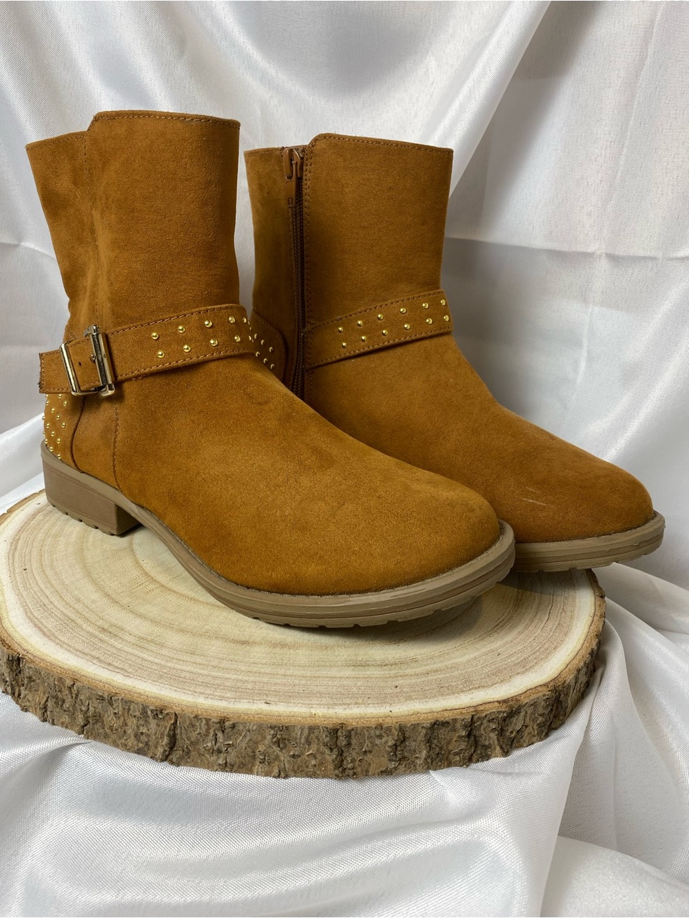 Brash Cognac Suede Studded Ankle Booties